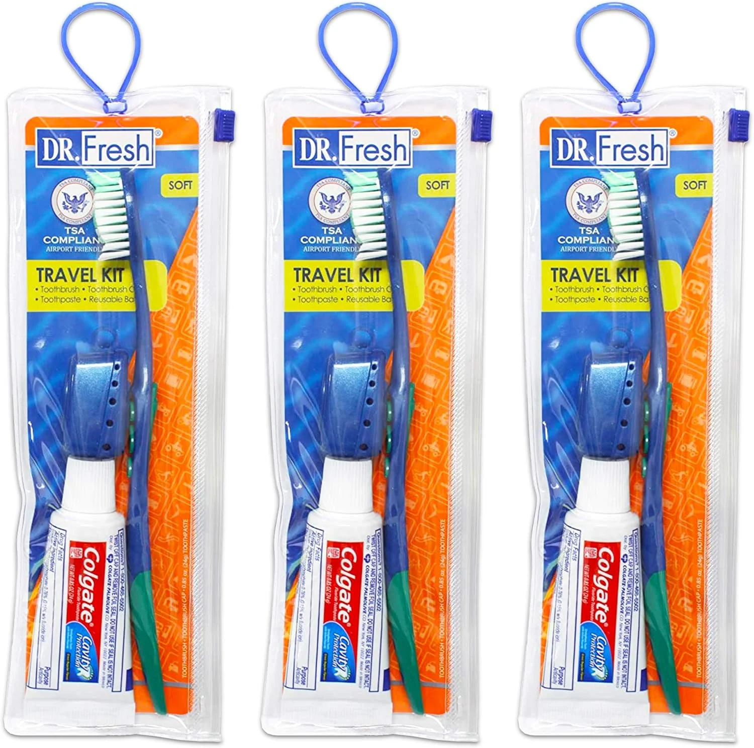 ست مسافرتی مسواک دکتر فرش و کرست برای بزرگسالان، نوجوانان و کودکان ~ بسته 3 عددی لوازم بهداشتی مسافرتی شامل مسواک، درپوش، خمیر دندان و کیف مسافرتی