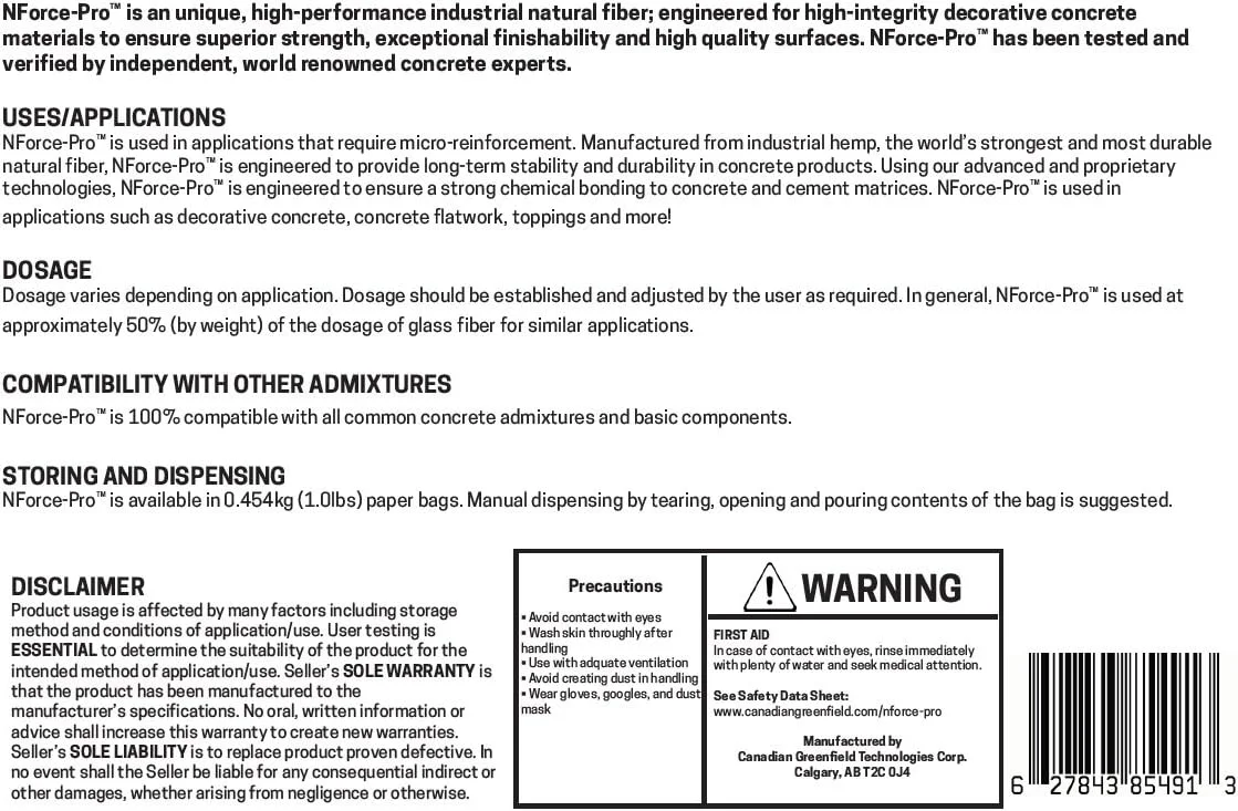 الیاف تقویت کننده بتن تزئینی Canadian Greenfield Technologies NForce-Pro - مطابق با استاندارد ASTM/CSA