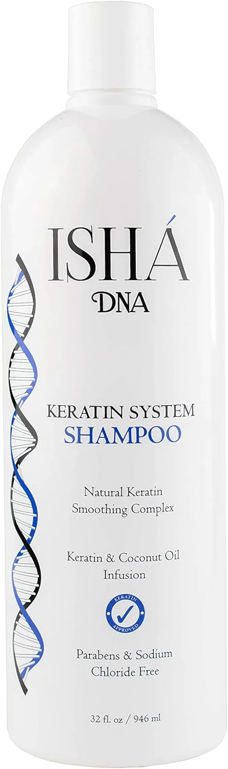 شامپو سیستم کراتین ISHA DNA - بدون سولفات و پارابن - مناسب برای موهای کراتینه شده و انواع مو - غنی شده با روغن نارگیل (946 میلی لیتر)