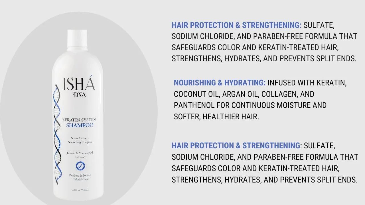 شامپو سیستم کراتین ISHA DNA - بدون سولفات و پارابن - مناسب برای موهای کراتینه شده و انواع مو - غنی شده با روغن نارگیل (946 میلی لیتر) شامپو سیستم کراتین ISHA DNA - بدون سولفات و پارابن - مناسب برای موهای کراتینه شده و انواع مو - غنی شده با روغن نارگیل (946 میلی لیتر)