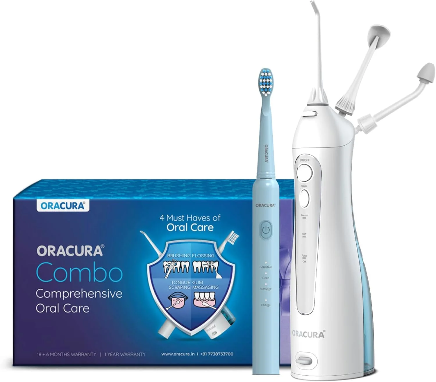 کامبو روزانه ORACURA® PRO مدل OC150 واترفلاسر هوشمند سفید و مسواک برقی سونیک لایت قابل شارژ آبی مدل SB200