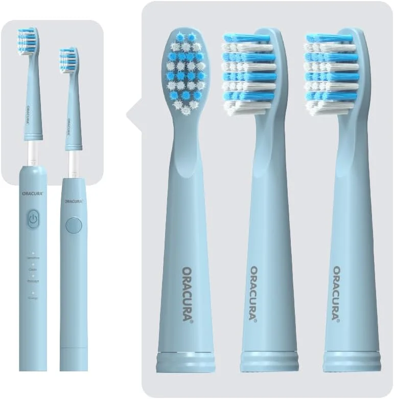 سری مسواک برقی سونیک ORACURA® مدل SB100 و SB200 (آبی، بسته 3 عددی) – دارای برس های نرم DuPont، طراحی انعطاف پذیر، جلوگیری از سایش دندان، تمیز کردن کامل