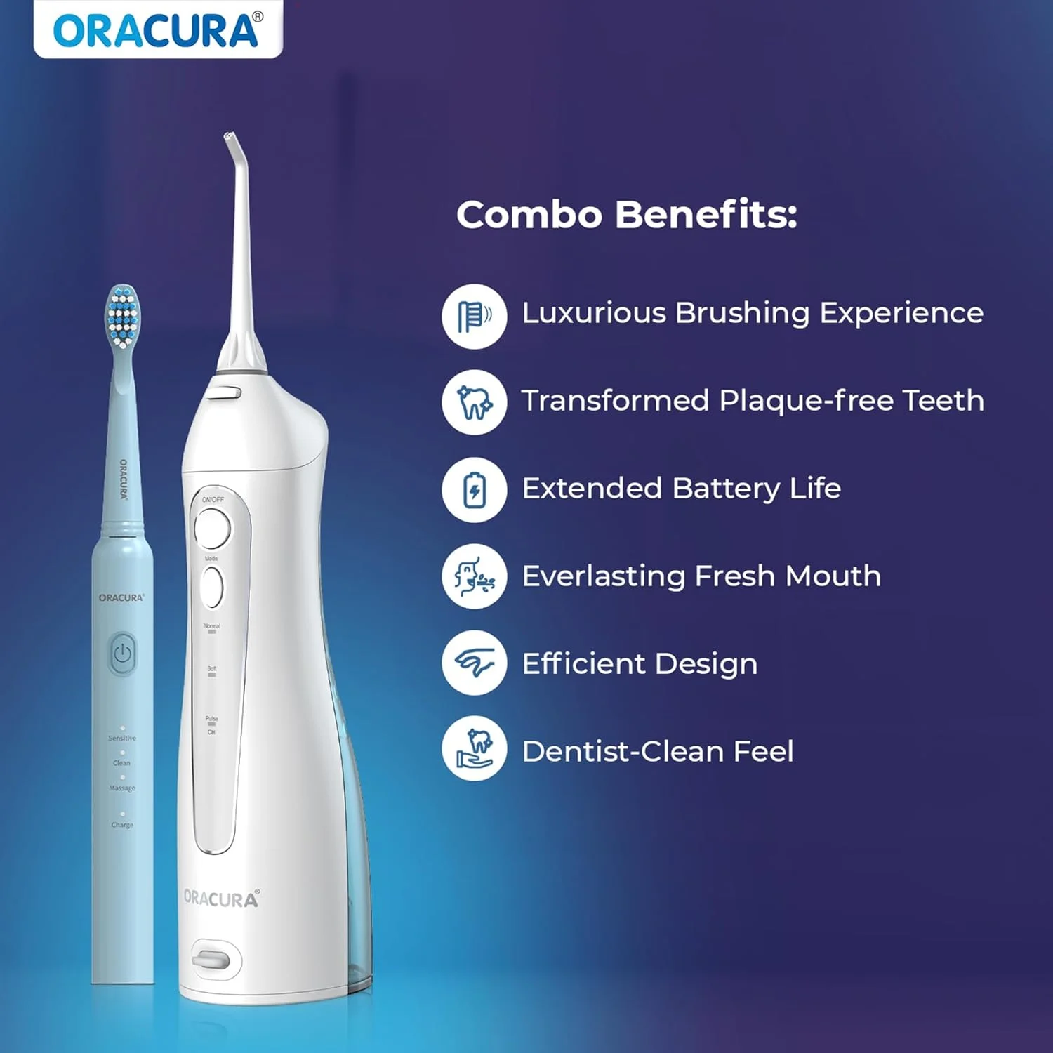 کامبو روزانه ORACURA® PRO مدل OC150 واترفلاسر هوشمند سفید و مسواک برقی سونیک لایت قابل شارژ آبی مدل SB200