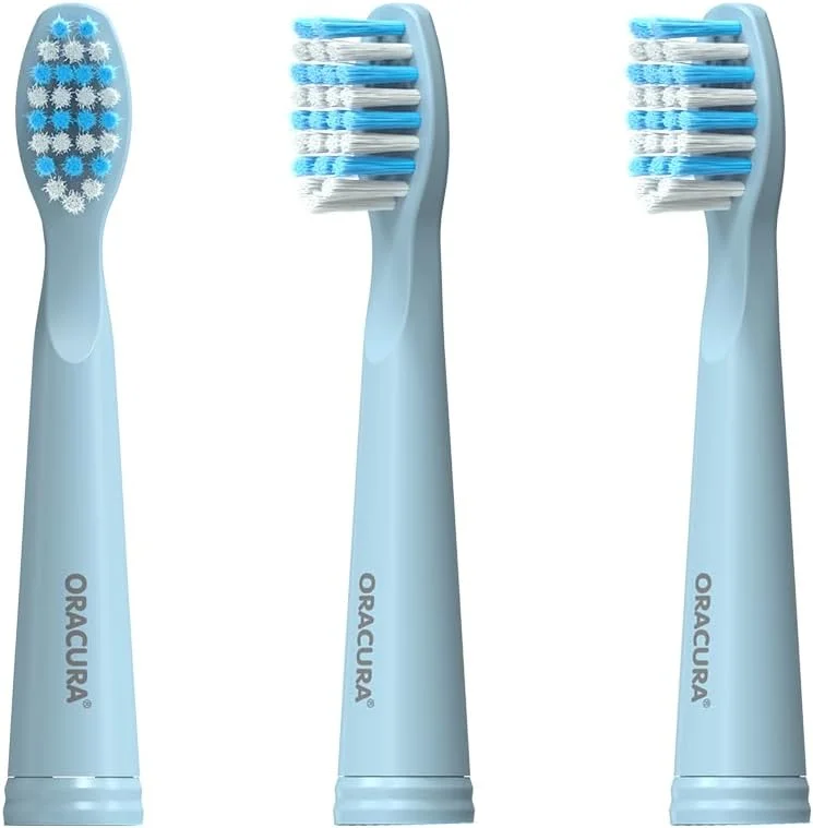 سری مسواک برقی سونیک ORACURA® مدل SB100 و SB200 (آبی، بسته 3 عددی) – دارای برس های نرم DuPont، طراحی انعطاف پذیر، جلوگیری از سایش دندان، تمیز کردن کامل