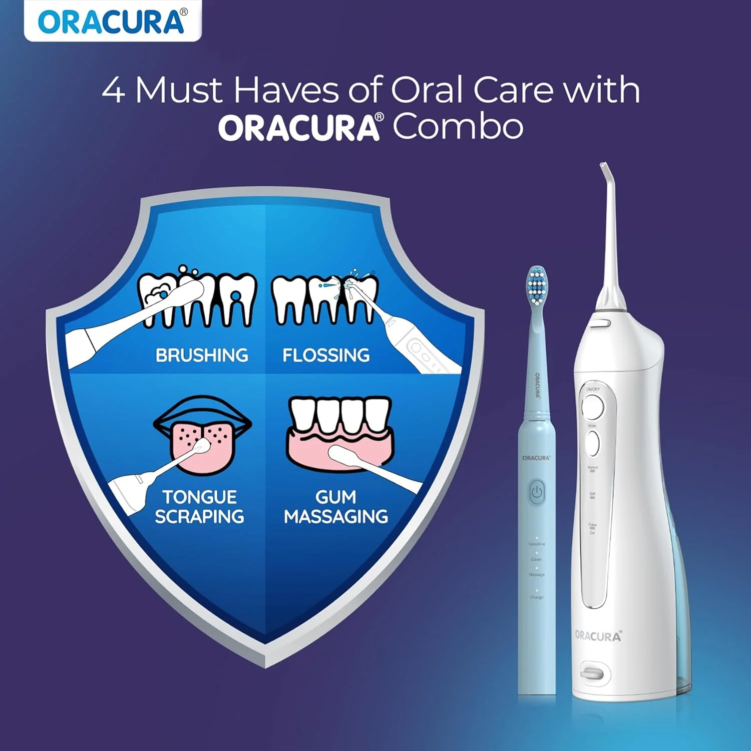 کامبو روزانه ORACURA® PRO مدل OC150 واترفلاسر هوشمند سفید و مسواک برقی سونیک لایت قابل شارژ آبی مدل SB200