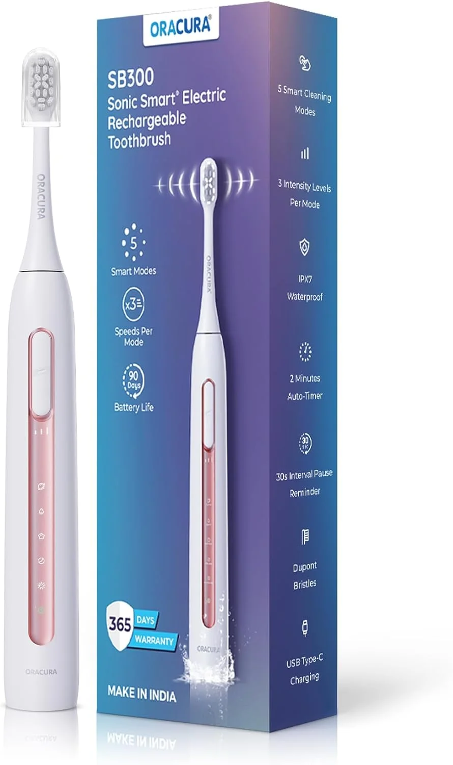 مسواک برقی هوشمند سونیک قابل شارژ ORACURA® SB300 – 36000 ضربه در دقیقه – 5 حالت و 3 سطح شدت – تایمر خودکار 2 دقیقه ای – باتری 90 روزه (هلویی)