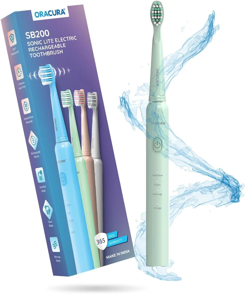 مسواک برقی سبک سونیک ORACURA مدل SB200، قابل شارژ، 36000 ضربه در دقیقه، 3 حالت، باتری 25 روزه، تایمر، مقاوم در برابر آب، شارژ USB، دارای درپوش محافظ برس (سبز)