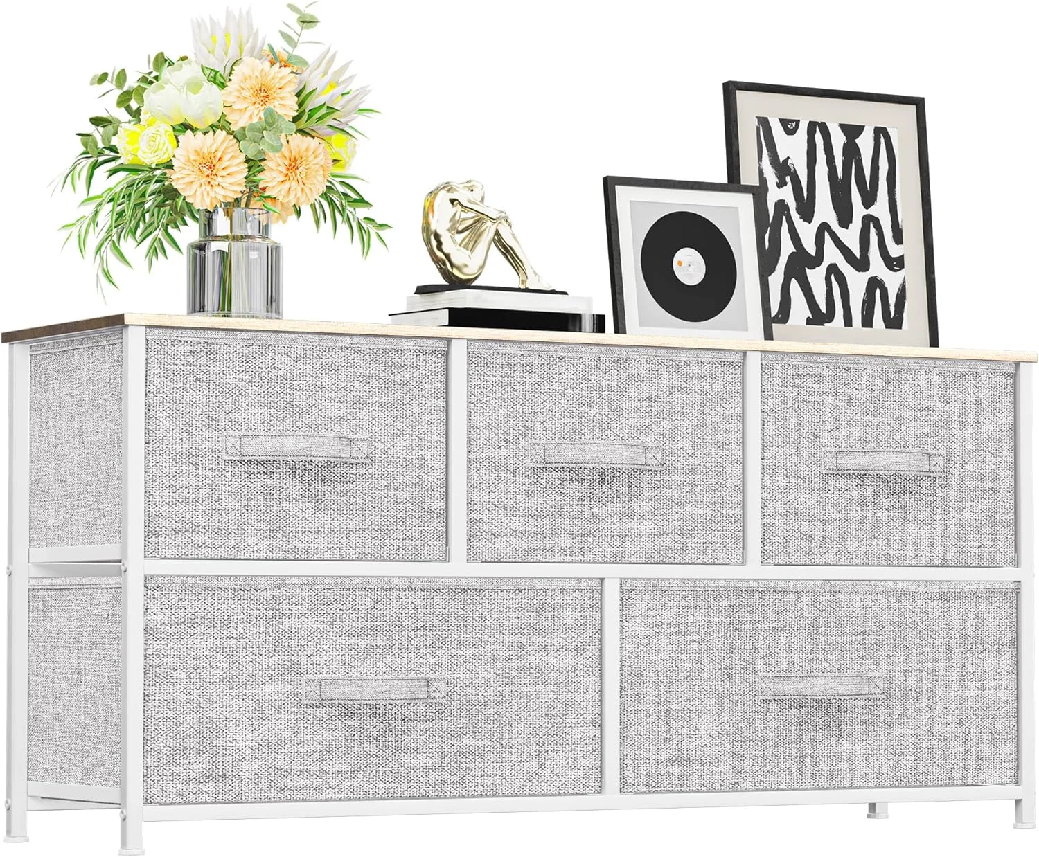 دراور 5 کشویی YITAHOME - برج ذخیره سازی پارچه ای، واحد سازمان دهنده برای اتاق خواب، اتاق نشیمن، راهرو، کمد و اتاق کودک - قاب فولادی محکم، رویه چوبی و سبدهای پارچه ای با قابلیت کشیدن آسان