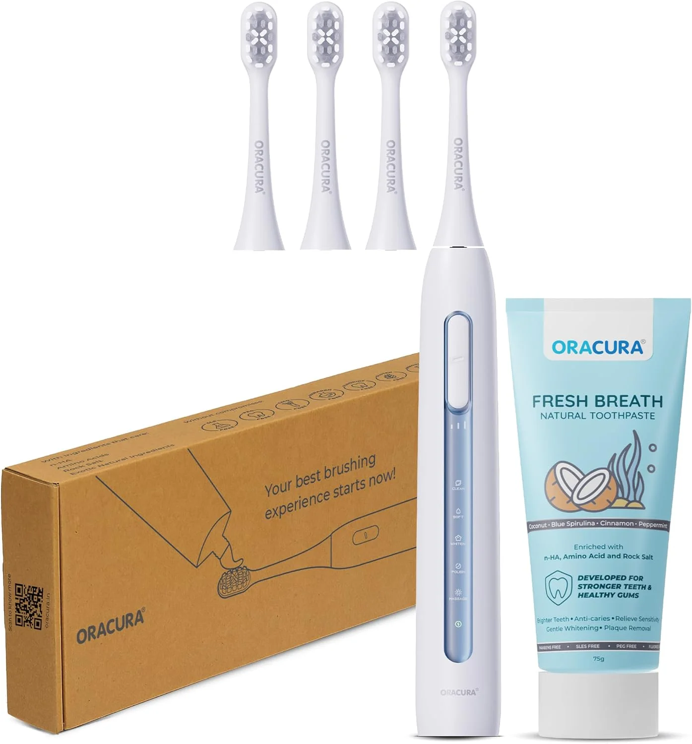 مسواک برقی شارژی سونیک پلاس ORACURA مدل SB300 بسته خانواده برای 1 سال، 48000 ضربه در دقیقه، 3 حالت، 2 سر برس (تمیز کننده و حساس) و قابل شارژ تا 2 ماه (سفید و مشکی)