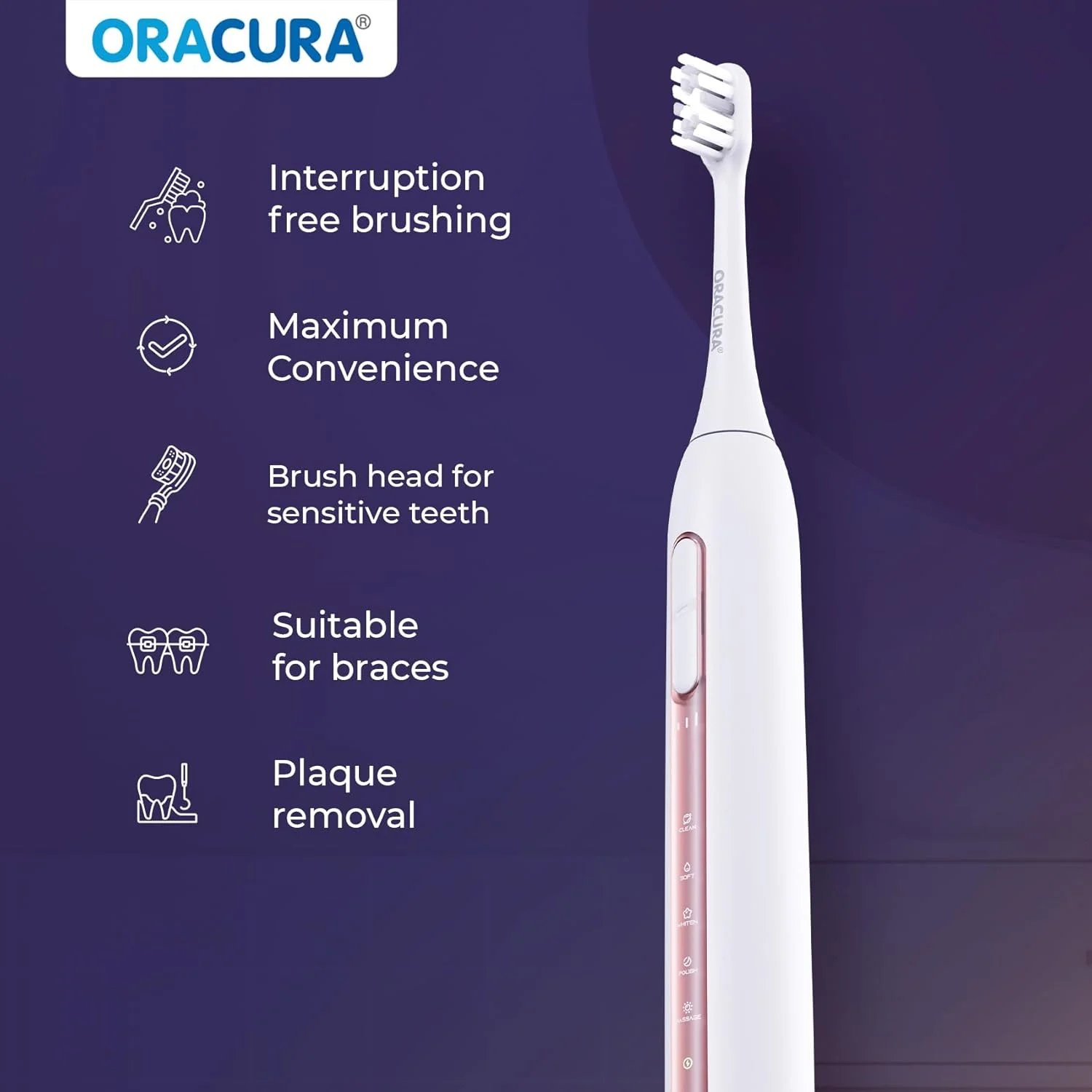 مسواک برقی هوشمند سونیک قابل شارژ ORACURA® SB300 – 36000 ضربه در دقیقه – 5 حالت و 3 سطح شدت – تایمر خودکار 2 دقیقه ای – باتری 90 روزه (هلویی)