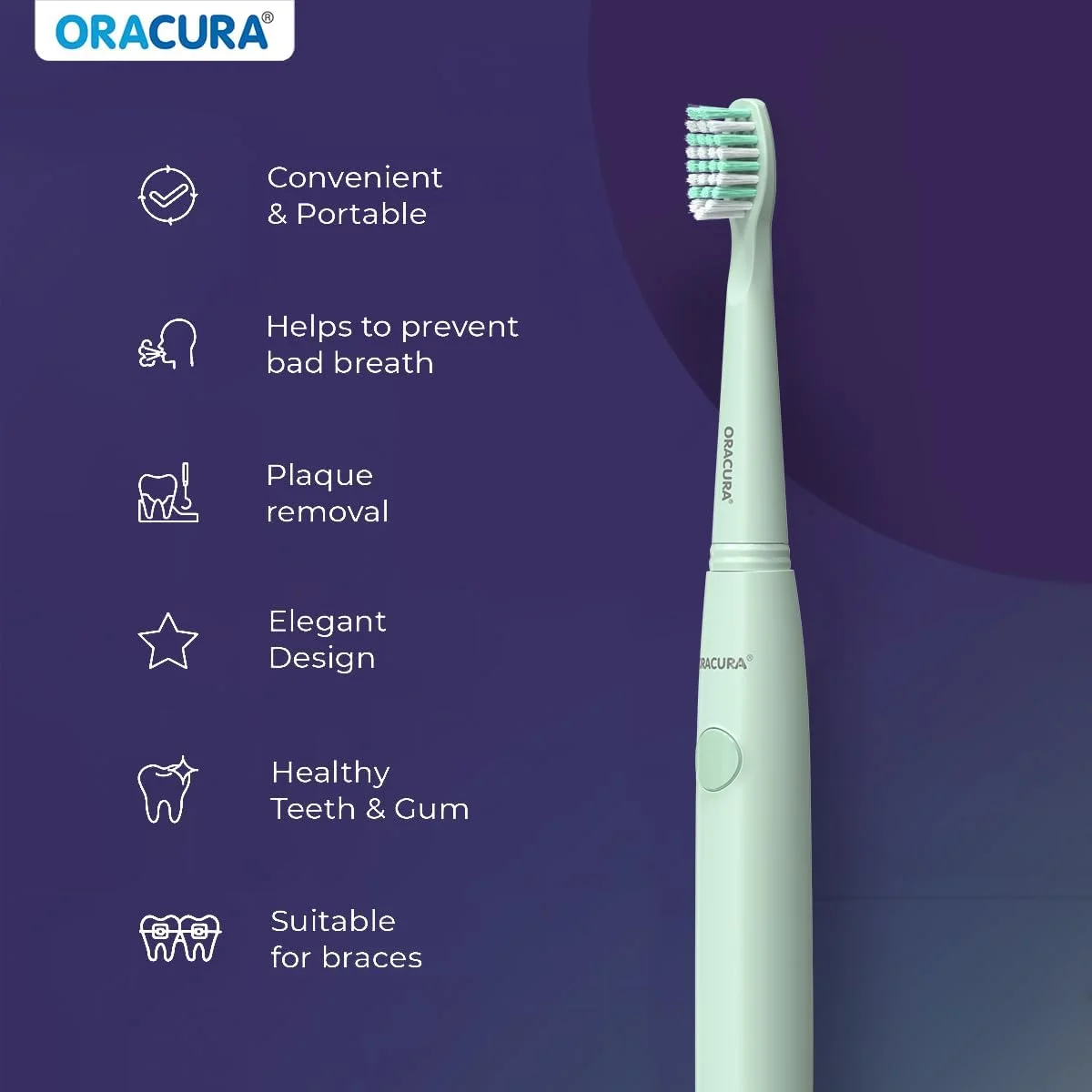 مسواک برقی باتری خور سبک سونیک ORACURA مدل SB100 سبز | 4 رنگ زنده | 3 حالت | 36000 ضربه | ضد آب IPX7 | تایمر خودکار 2 دقیقه ای | برس های Dupont