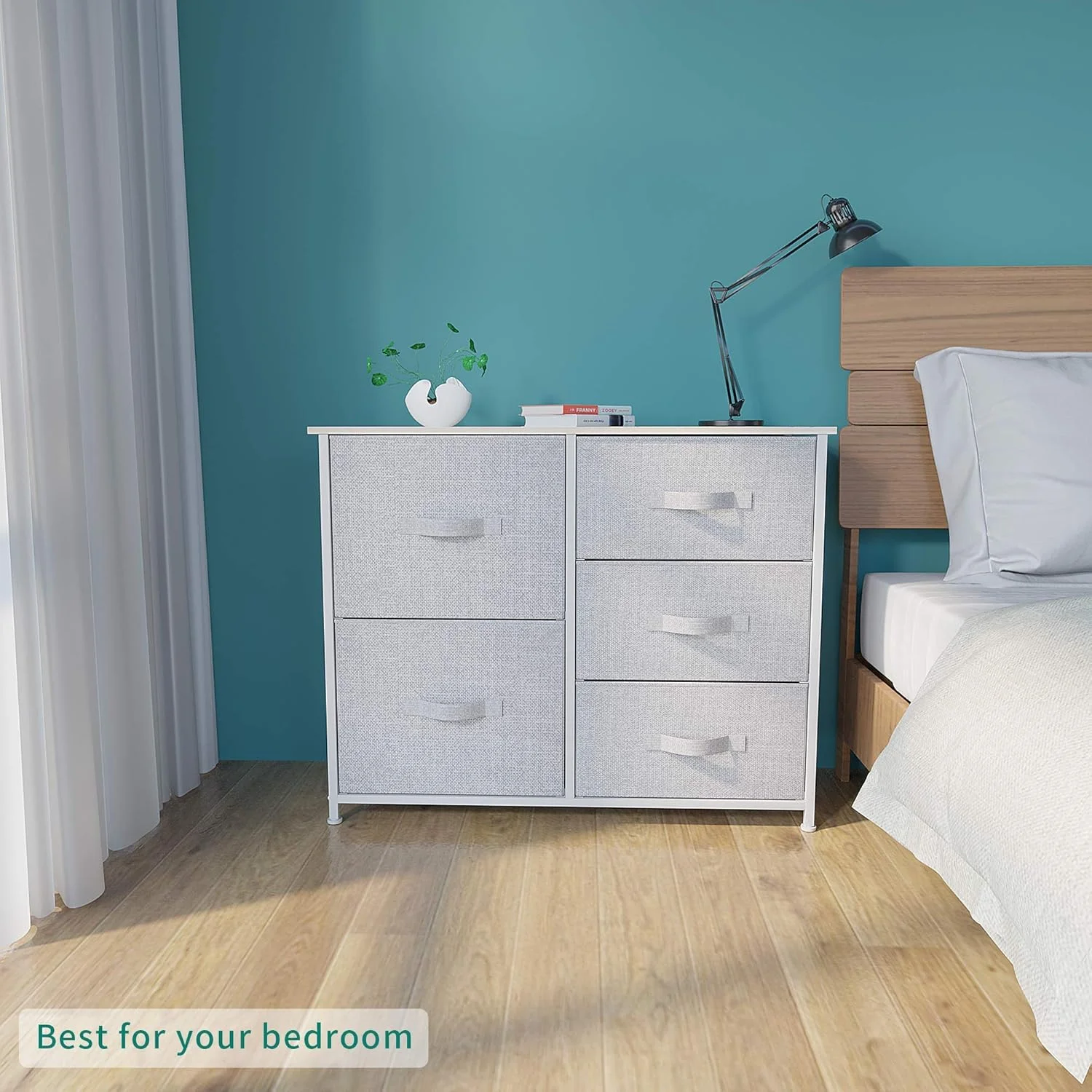 دراور YITAHOME با 5 کشو - برج ذخیره سازی پارچه ای، واحد سازمان دهنده برای اتاق خواب، اتاق نشیمن، راهرو، کمد و اتاق کودک - قاب فولادی محکم، رویه چوبی و سبدهای پارچه ای با قابلیت کشیدن آسان