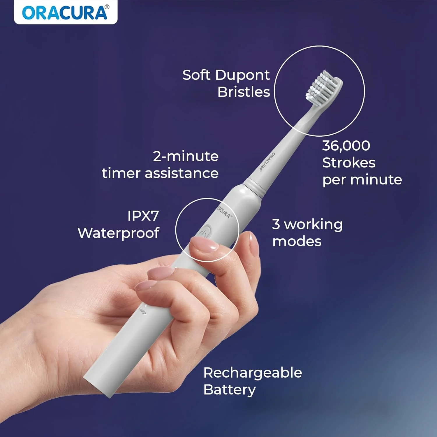 مسواک هوشمند سونیک خاکستری ORACURA® SB200 + خمیر دندان طبیعی روشن کننده (زغالی) | همراه با 3 سر برس