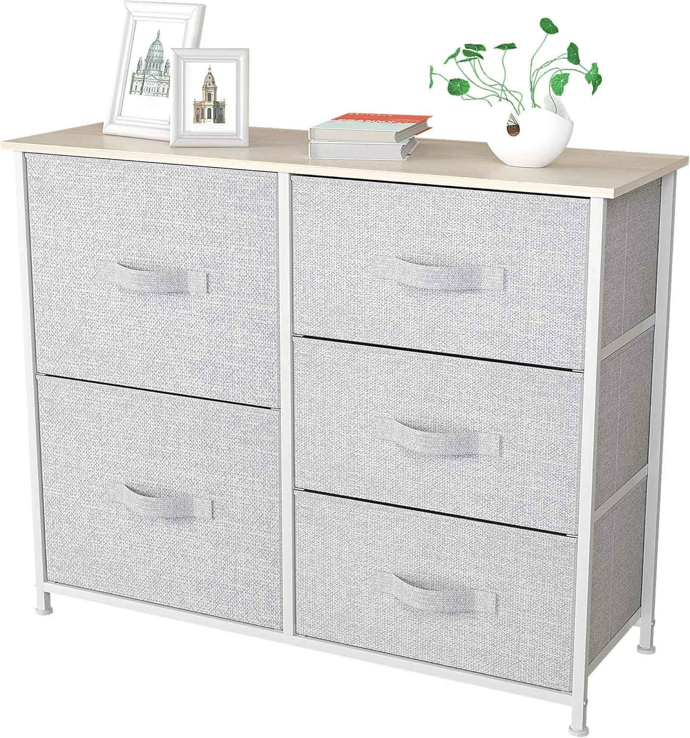 دراور YITAHOME با 5 کشو - برج ذخیره سازی پارچه ای، واحد سازمان دهنده برای اتاق خواب، اتاق نشیمن، راهرو، کمد و اتاق کودک - قاب فولادی محکم، رویه چوبی و سبدهای پارچه ای با قابلیت کشیدن آسان