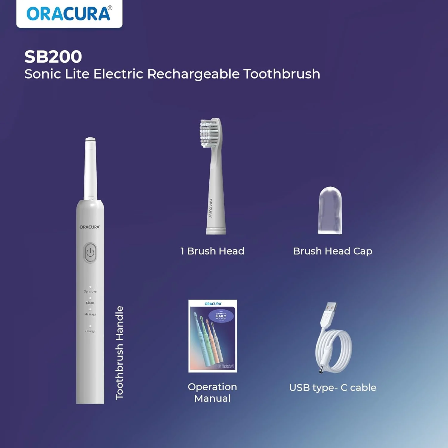 مسواک هوشمند سونیک خاکستری ORACURA® SB200 + خمیر دندان طبیعی روشن کننده (زغالی) | همراه با 3 سر برس