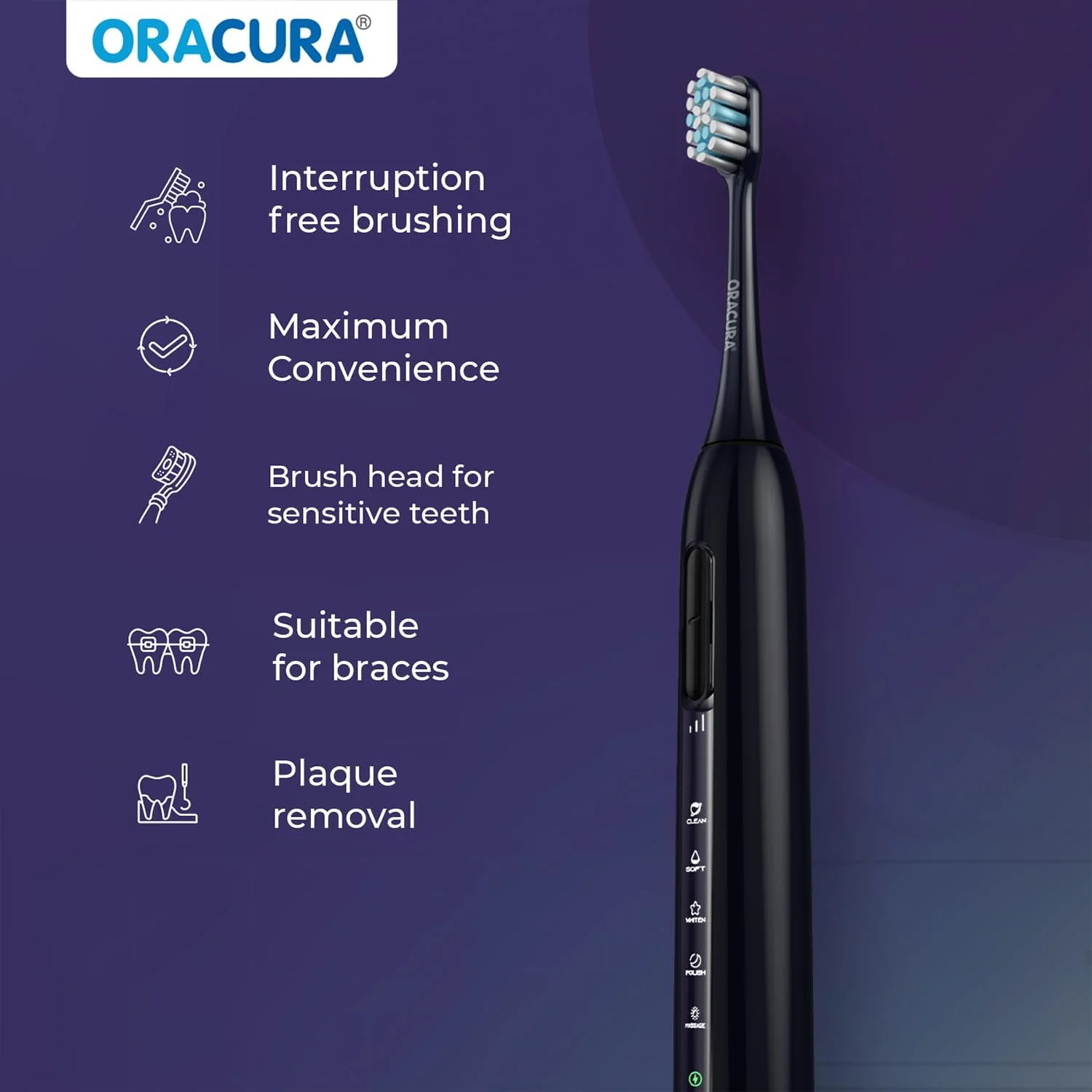 مسواک برقی هوشمند سونیک قابل شارژ ORACURA® SB300 – 36000 ضربه در دقیقه – 5 حالت و 3 سطح شدت – تایمر خودکار 2 دقیقه ای – باتری 90 روزه (خاکستری)