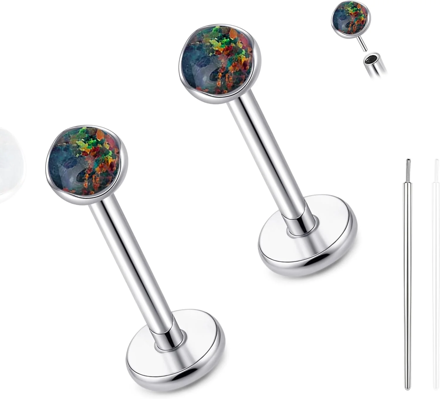 گوشواره های میخی بدون رزوه تیتانیومی اوپال ضد حساسیت لیمرنسیا 20G، 2 عدد گوشواره میخی تخت فشاری برای لب، مدوسا، مونرو، هلیکس، غضروف، تراگوس، پیرسینگ حلزونی، جواهرات برای زنان و مردان