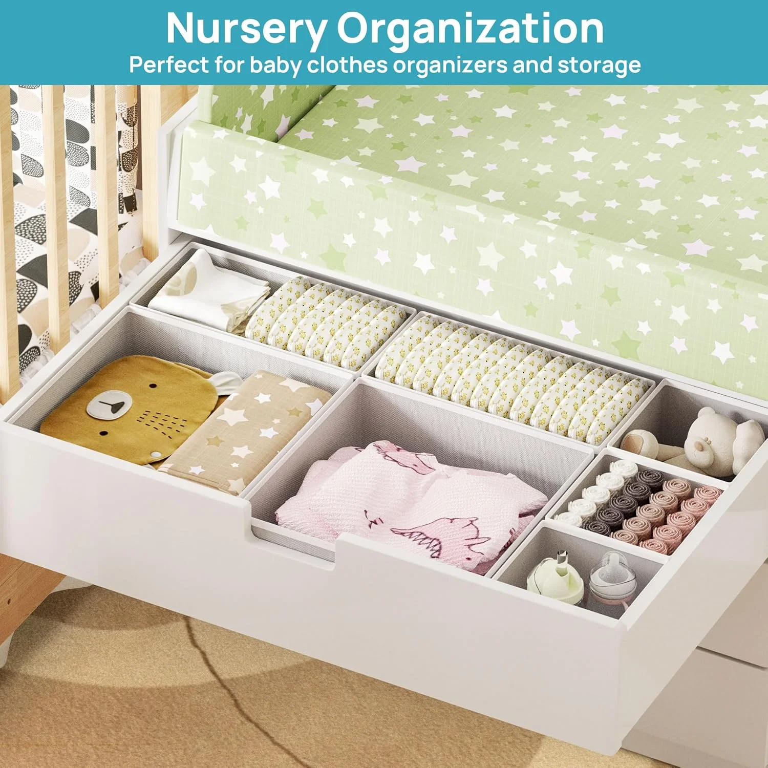 بسته 12 عددی تقسیم کننده کشو Vtopmart برای لباس، نظم دهنده تاشو پارچه ای کمد، تقسیم کننده کشو لباس برای لباس کودک، سوتین، جوراب، کراوات، روسری، لباس زیر، خاکستری (28x28x12.5 سانتی متر)، (28x14x12.5 سانتی متر)، (14x14x12.5 سانتی متر)