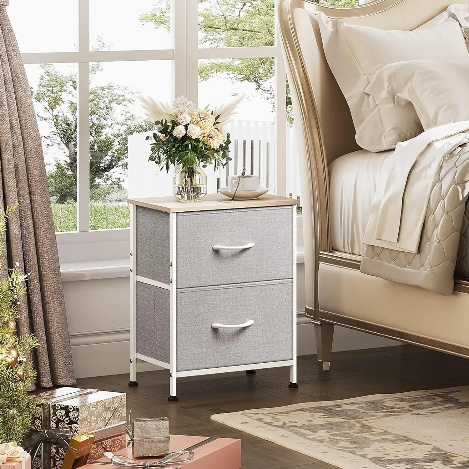 میز کنار تختی WLIVE، میز خاکستری با 2 کشو پارچه ای، کمد کوچک برای اتاق خواب، کمد دیواری، خوابگاه دانشجویی، میز عسلی مبلمان جانبی، رویه چوبی، خاکستری روشن