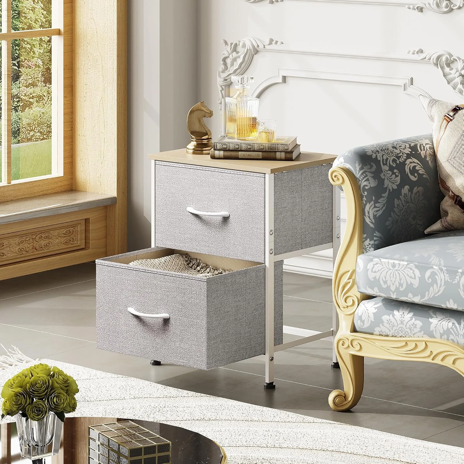 میز کنار تختی WLIVE، میز خاکستری با 2 کشو پارچه ای، کمد کوچک برای اتاق خواب، کمد دیواری، خوابگاه دانشجویی، میز عسلی مبلمان جانبی، رویه چوبی، خاکستری روشن