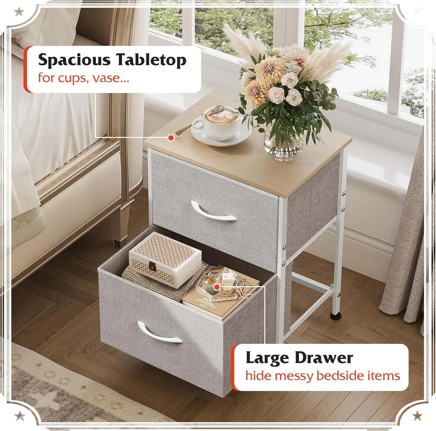 میز کنار تختی WLIVE، میز خاکستری با 2 کشو پارچه ای، کمد کوچک برای اتاق خواب، کمد دیواری، خوابگاه دانشجویی، میز عسلی مبلمان جانبی، رویه چوبی، خاکستری روشن