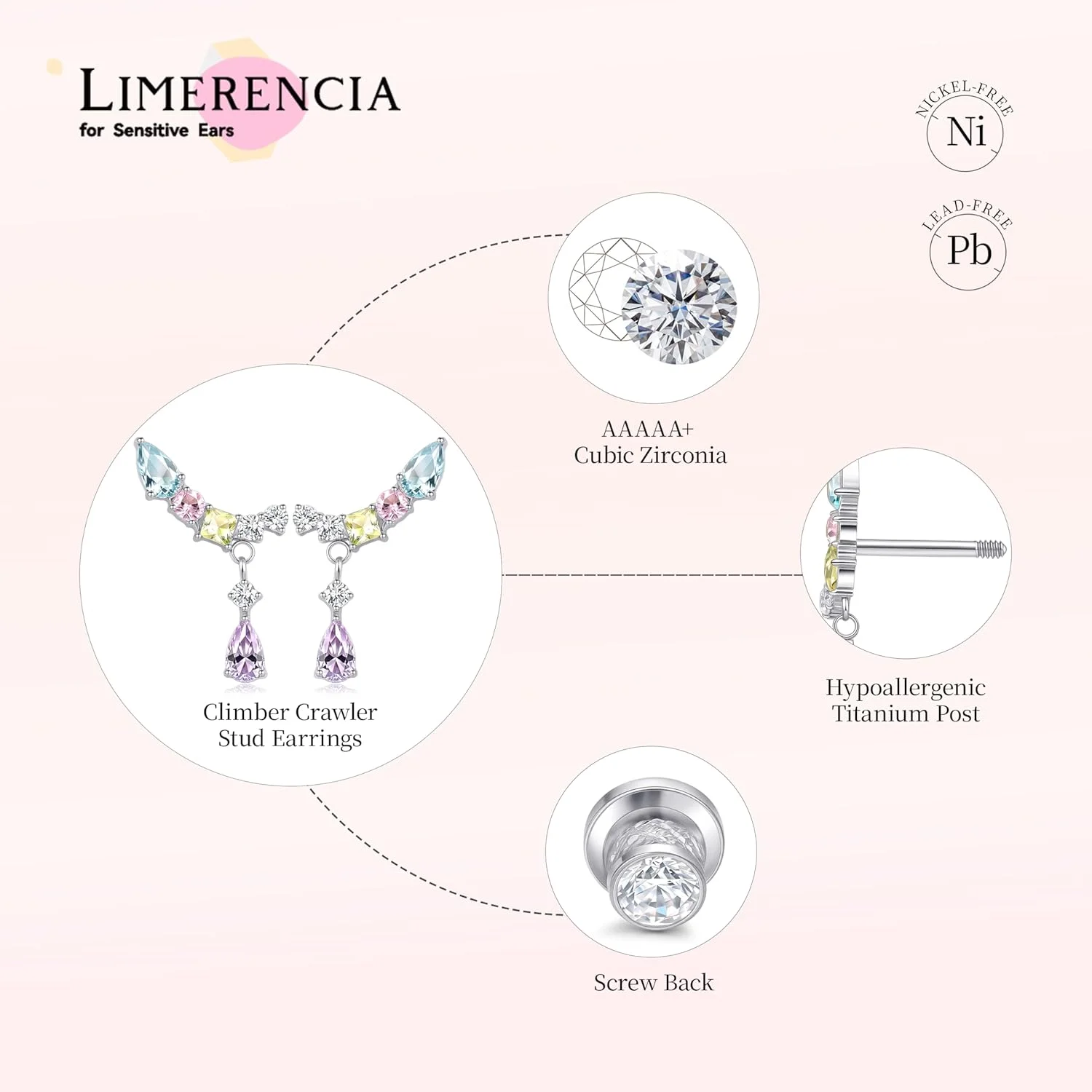 گوشواره های ضد حساسیت تیتانیومی با پشت پیچی لیمرنسیا، زیرکونیا مکعبی درجه ایمپلنت G23 20G، گوشواره های خزنده گوش میخی برای زنان گوش های حساس، جواهرات تراگوس غضروف گوشواره های ضد حساسیت تیتانیومی با پشت پیچی لیمرنسیا، زیرکونیا مکعبی درجه ایمپلنت G23 20G، گوشواره های خزنده گوش میخی برای زنان گوش های حساس، جواهرات تراگوس غضروف