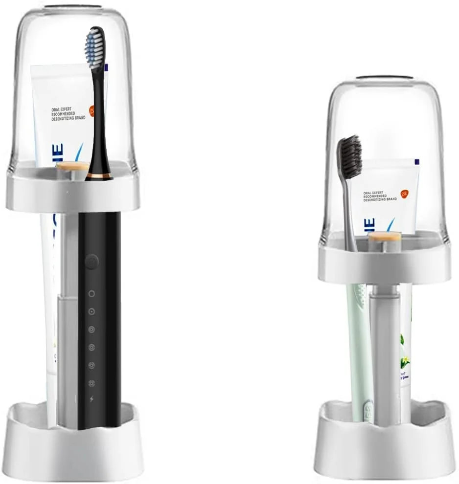 جا مسواکی سیوسی با کاور و 3 جایگاه، جا مسواکی برقی قابل تنظیم ارتفاع برای حمام، سازگار با خمیر دندان، نگهداری مسواک، دو ارتفاع، سفید