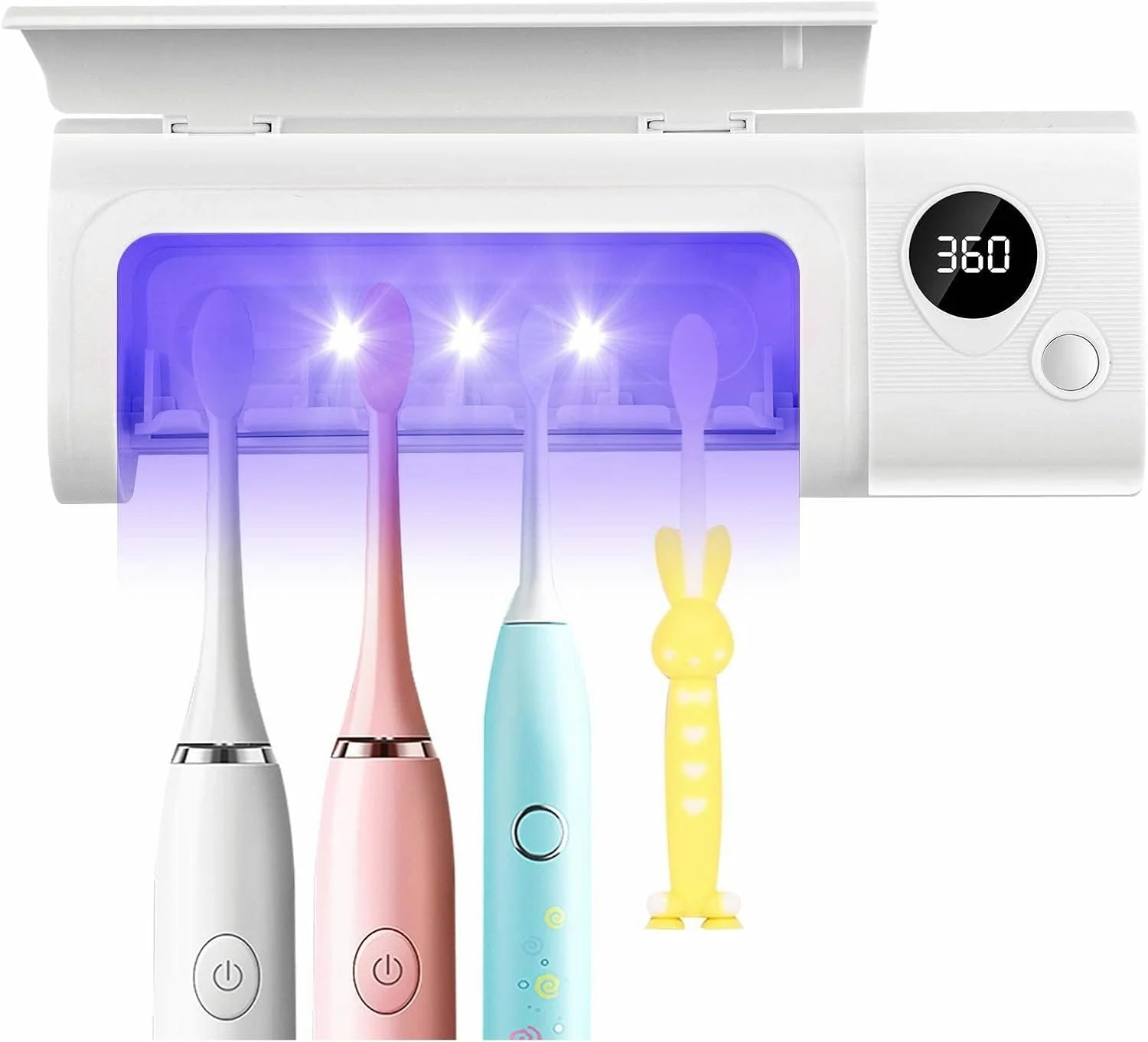 جا مسواکی استریل کننده UV SYOSI، جا مسواکی دیواری حمام با عملکرد استریل کننده، شارژ 1800 میلی آمپر ساعتی، عملکرد زمان بندی، سازمان دهنده مسواک برای خانم ها، نوزاد و خانواده