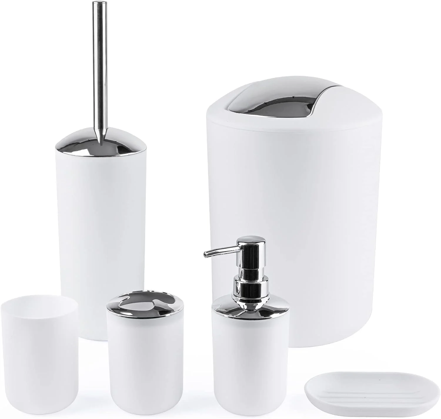 ست لوازم جانبی حمام سیوسی، مجموعه 6 تکه شامل جا مایع صابون، جا مسواکی، لیوان مسواک، جا صابونی برای پیشخوان تزئینی و هدیه خانه نویی (سفید)