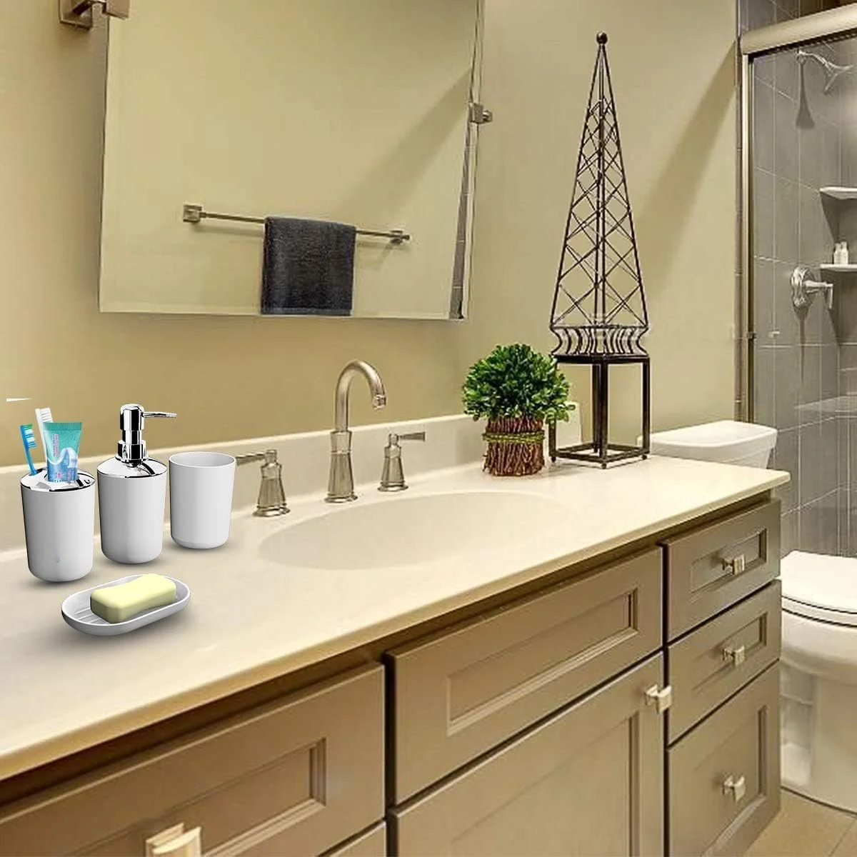 ست لوازم جانبی حمام سیوسی، مجموعه 6 تکه شامل جا مایع صابون، جا مسواکی، لیوان مسواک، جا صابونی برای پیشخوان تزئینی و هدیه خانه نویی (سفید) ست لوازم جانبی حمام سیوسی، مجموعه 6 تکه شامل جا مایع صابون، جا مسواکی، لیوان مسواک، جا صابونی برای پیشخوان تزئینی و هدیه خانه نویی (سفید)