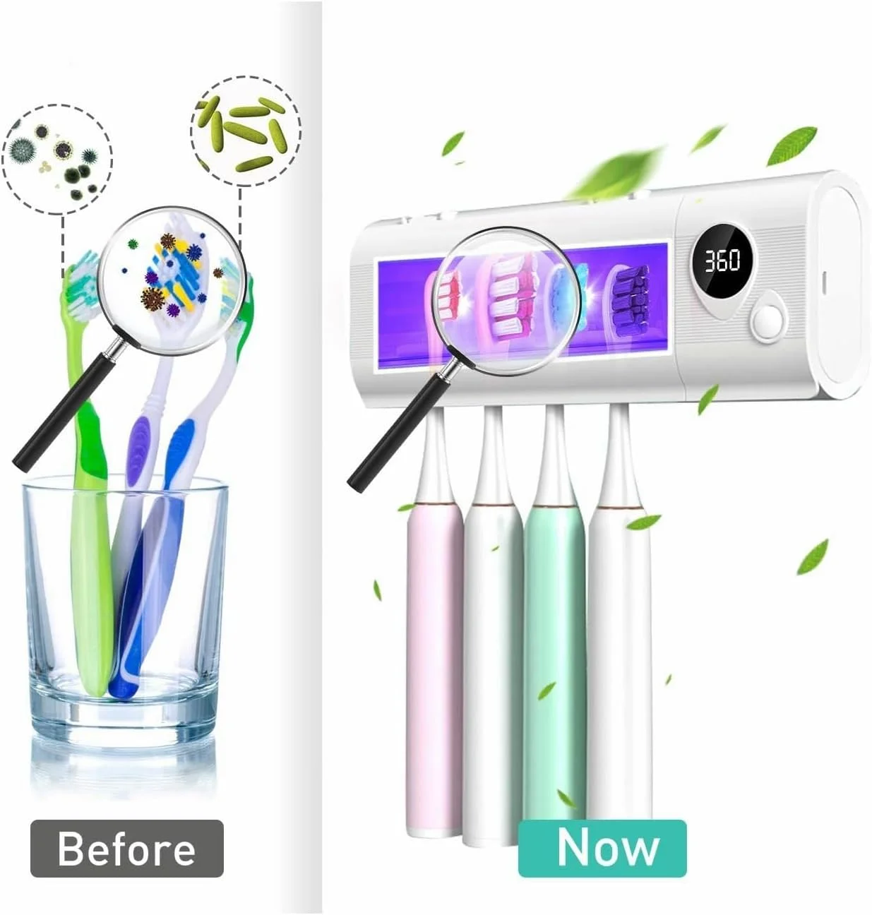 جا مسواکی استریل کننده UV SYOSI، جا مسواکی دیواری حمام با عملکرد استریل کننده، شارژ 1800 میلی آمپر ساعتی، عملکرد زمان بندی، سازمان دهنده مسواک برای خانم ها، نوزاد و خانواده