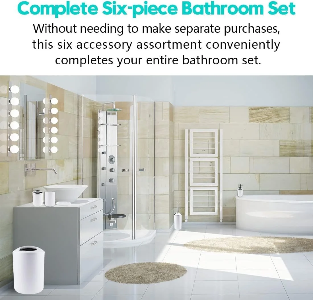 ست لوازم جانبی حمام سیوسی، مجموعه 6 تکه شامل جا مایع صابون، جا مسواکی، لیوان مسواک، جا صابونی برای پیشخوان تزئینی و هدیه خانه نویی (سفید) ست لوازم جانبی حمام سیوسی، مجموعه 6 تکه شامل جا مایع صابون، جا مسواکی، لیوان مسواک، جا صابونی برای پیشخوان تزئینی و هدیه خانه نویی (سفید)