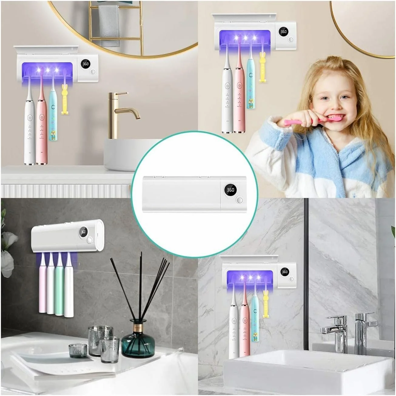 جا مسواکی استریل کننده UV SYOSI، جا مسواکی دیواری حمام با عملکرد استریل کننده، شارژ 1800 میلی آمپر ساعتی، عملکرد زمان بندی، سازمان دهنده مسواک برای خانم ها، نوزاد و خانواده