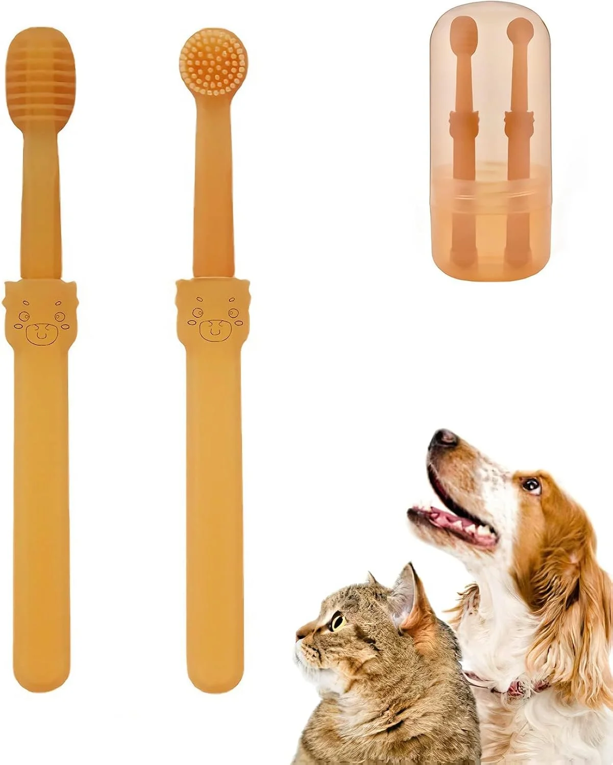 ست مسواک سگ و گربه، 2 عدد مسواک سیلیکونی نرم و برس زبان با جعبه نگهداری، ست مسواک گربه با تمیزکنندگی عمیق 360 درجه، مراقبت از بهداشت دهان و دندان برای سگ و گربه، ست تمیز کننده دندان حیوانات خانگی