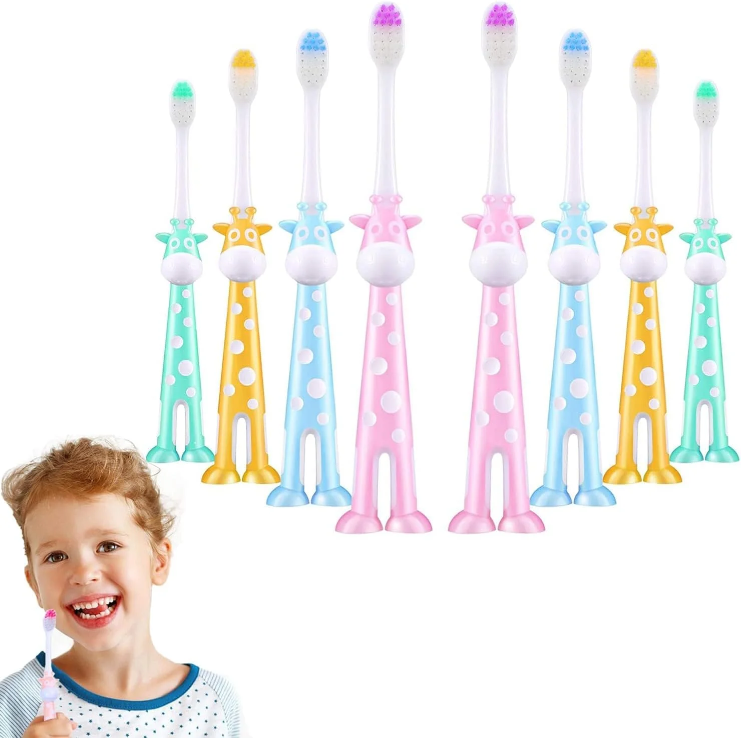 مسواک کودکانه SYOSI، بسته 8 عددی، طرح گوزن کارتونی، فوق العاده نرم به همراه مکنده برای پسران و دختران 2 تا 8 سال، 4 رنگ برای سرگرمی و نگهداری آسان