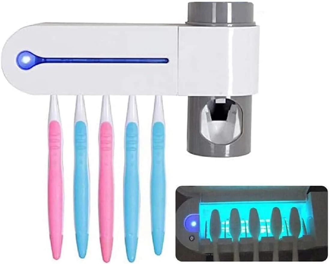استریلایزر هوشمند UV مسواک ELECDON، نگهدارنده ضدعفونی کننده مسواک، پخش کننده خودکار خمیر دندان، نگهدارنده استریلایزر 5 مسواک با پانچ بدون برچسب برای حمام خانوادگی