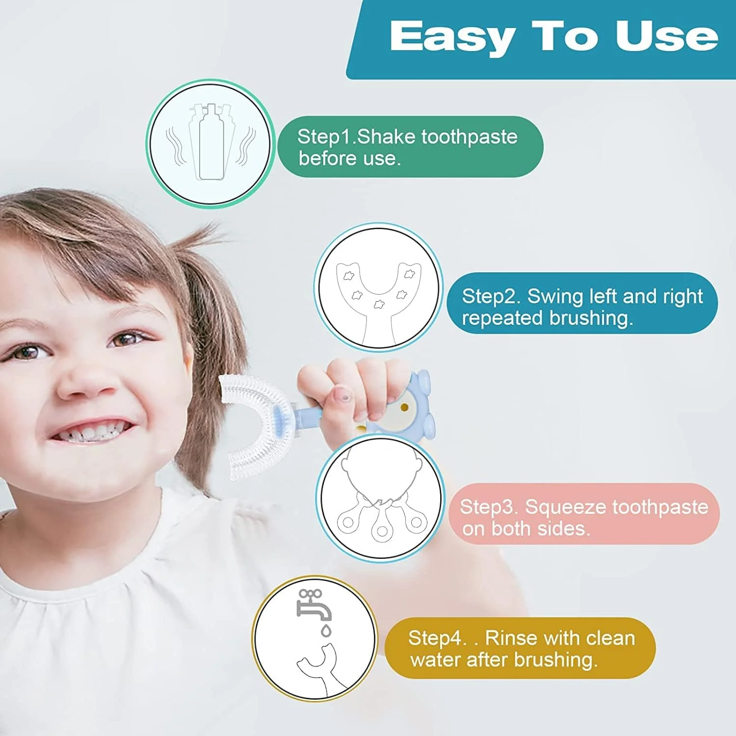 مسواک های U شکل کودکانه ELECDON، بسته 4 عددی، با سر برس سیلیکونی نرم و دسته ضد لغزش، طراحی 360 درجه برای تمیز کردن دندان های کودکان 2 تا 12 سال، مسواک آموزشی دستی مسواک های U شکل کودکانه ELECDON، بسته 4 عددی، با سر برس سیلیکونی نرم و دسته ضد لغزش، طراحی 360 درجه برای تمیز کردن دندان های کودکان 2 تا 12 سال، مسواک آموزشی دستی