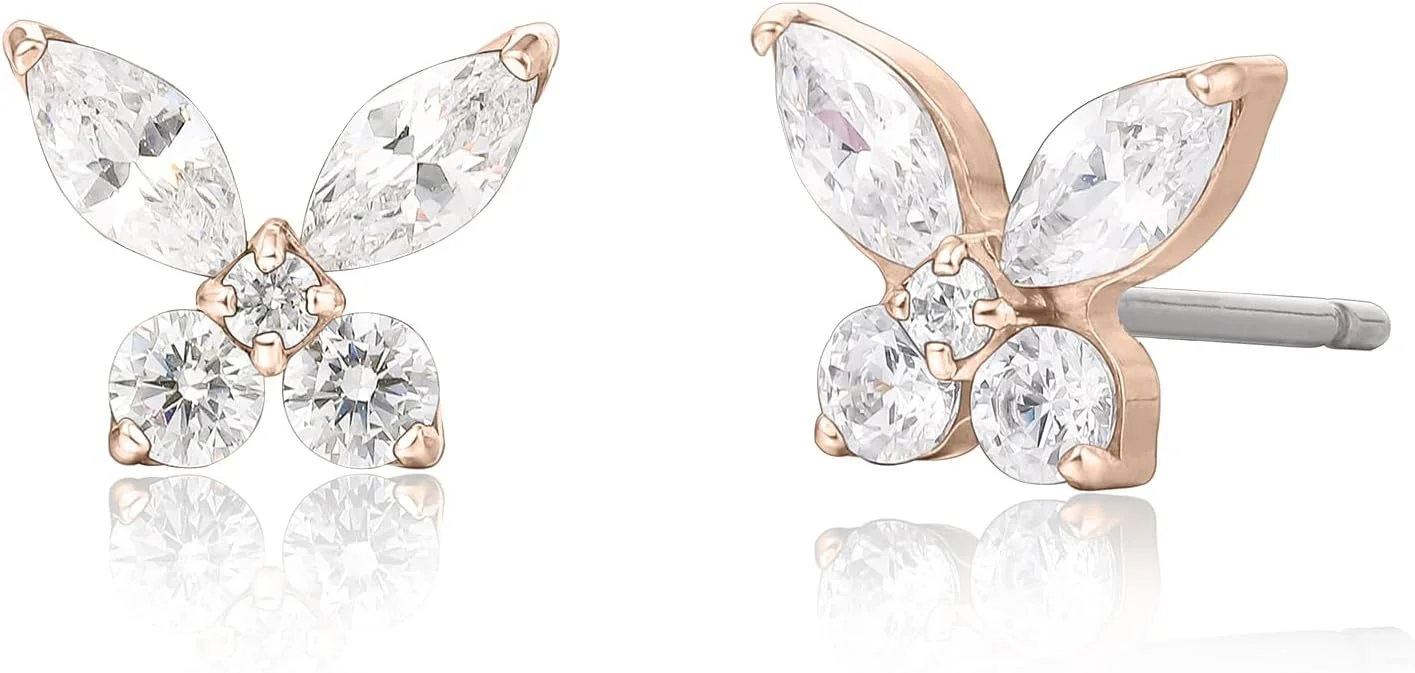 گوشواره های تیتانیومی خالص لیمرنسیا ضد حساسیت طرح پروانه ظریف CZ گرید ایمپلنت G23 جواهرات فشن سوراخ دار مناسب برای گوش های حساس