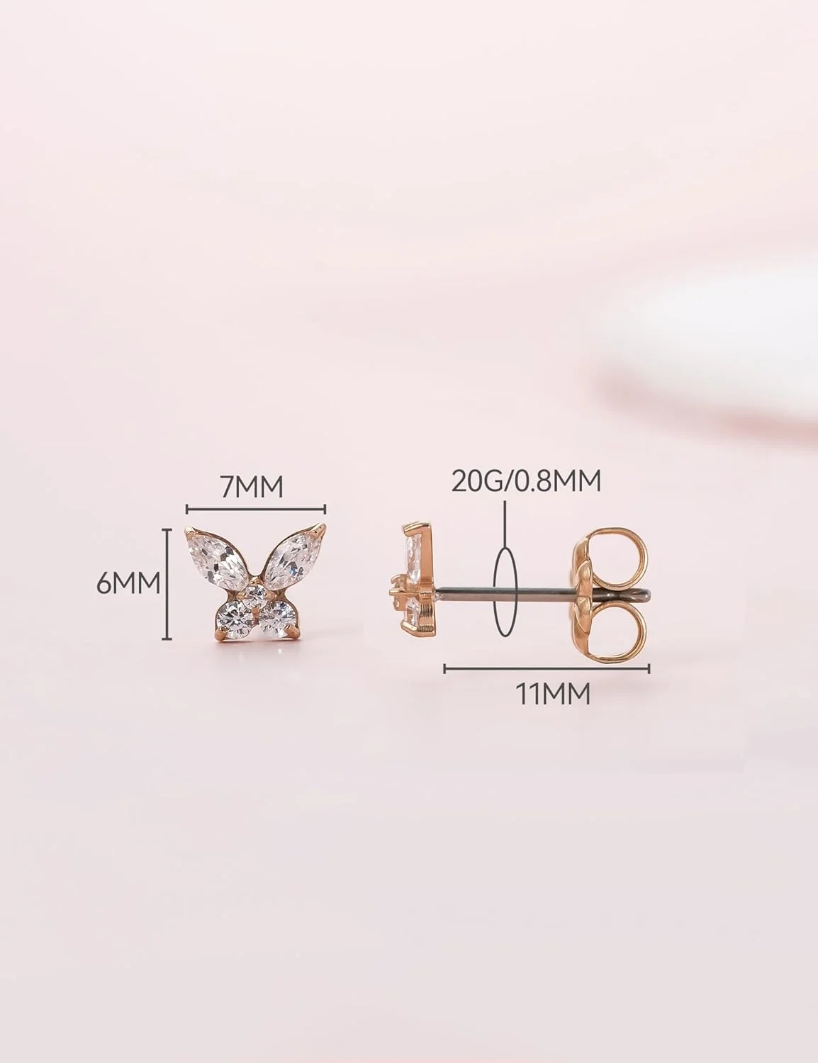 گوشواره های تیتانیومی خالص لیمرنسیا ضد حساسیت طرح پروانه ظریف CZ گرید ایمپلنت G23 جواهرات فشن سوراخ دار مناسب برای گوش های حساس