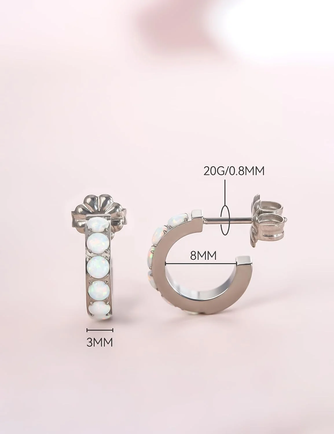 گوشواره های حلقه ای کوچک باز تیتانیومی خالص Limerencia Hypoallergenic G23، گوشواره های بغل گوش نگین زیرکونیا/اوپال سبک وزن درجه ایمپلنت F136 برای گوش های حساس خانم ها