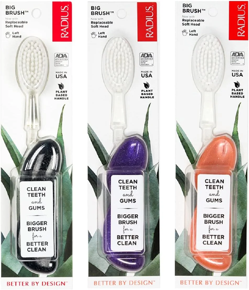 مسواک بزرگ RADIUS بدون BPA و مورد تایید ADA، طراحی شده برای بهبود سلامت لثه و کاهش مشکلات لثه - دست چپ - بنفش/صدف دریایی/آسمان نیمه شب - بسته 3 عددی