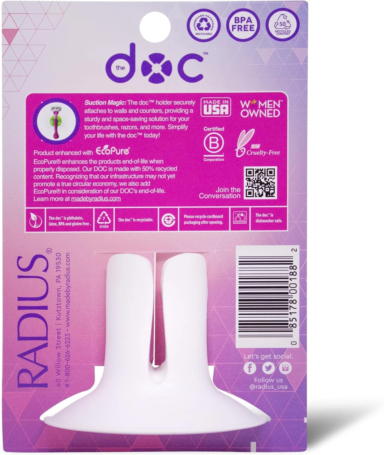 نگهدارنده مسواک/تیغ RADIUS The DOC، رنگ های متنوع، 100% قابل بازیافت و قابل شستشو در ماشین ظرفشویی، فاقد BPA، دارای پایه مکنده نگهدارنده مسواک/تیغ RADIUS The DOC، رنگ های متنوع، 100% قابل بازیافت و قابل شستشو در ماشین ظرفشویی، فاقد BPA، دارای پایه مکنده
