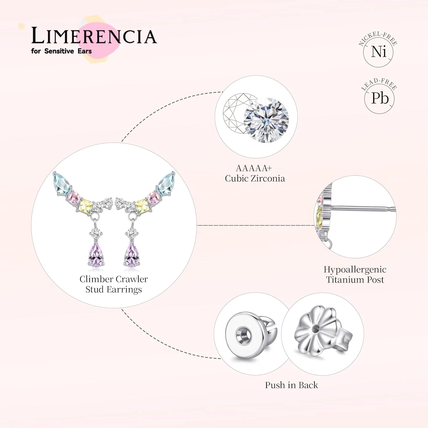 گوشواره های میخی خزنده کوهنوردی تیتانیومی ضد حساسیت Limerencia، گوشواره های زیرکونیا مکعبی کوچک G23 برای گوش های حساس زنان