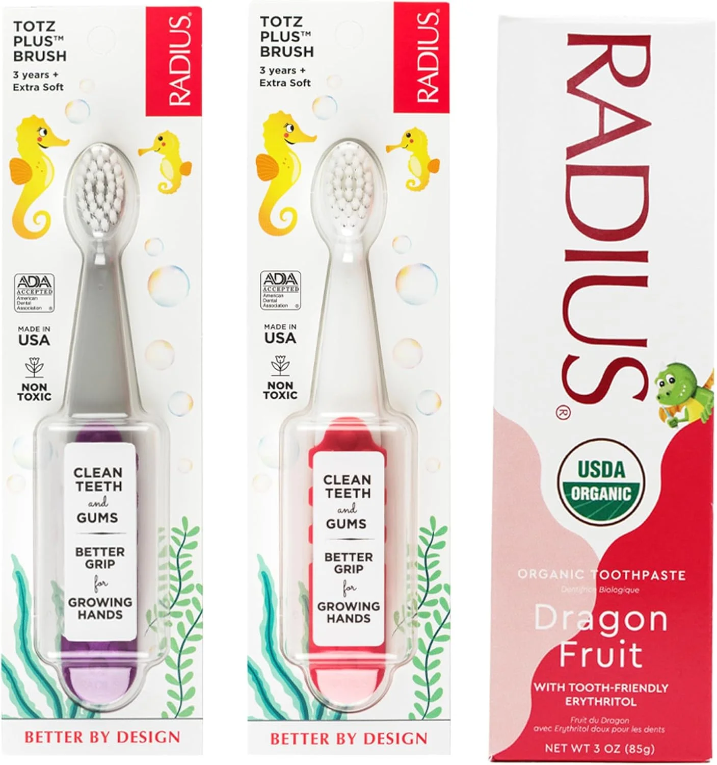 مجموعه مسواک و خمیر دندان کودک RADIUS، بسته 2 عددی مسواک فوق العاده نرم Totz Plus در رنگ های سفید/مرجانی و خاکستری سرد/بنفش آمیتیست و 1 عدد خمیر دندان میوه اژدها، برای کودکان 18 ماه به بالا مجموعه مسواک و خمیر دندان کودک RADIUS، بسته 2 عددی مسواک فوق العاده نرم Totz Plus در رنگ های سفید/مرجانی و خاکستری سرد/بنفش آمیتیست و 1 عدد خمیر دندان میوه اژدها، برای کودکان 18 ماه به بالا