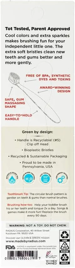 مجموعه مسواک و خمیر دندان کودک RADIUS، بسته 2 عددی مسواک فوق العاده نرم Totz Plus در رنگ های سفید/مرجانی و خاکستری سرد/بنفش آمیتیست و 1 عدد خمیر دندان میوه اژدها، برای کودکان 18 ماه به بالا مجموعه مسواک و خمیر دندان کودک RADIUS، بسته 2 عددی مسواک فوق العاده نرم Totz Plus در رنگ های سفید/مرجانی و خاکستری سرد/بنفش آمیتیست و 1 عدد خمیر دندان میوه اژدها، برای کودکان 18 ماه به بالا