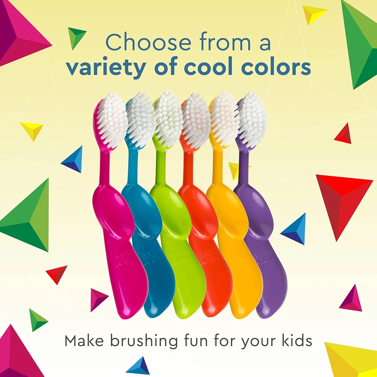 مسواک کودکانه RADIUS Kidz، مناسب دست راست، فاقد BPA، مورد تایید ADA، طراحی شده برای تمیز کردن دندان ها و لثه های کودکان 6 سال به بالا - رنگ های متنوع - بسته 6 عددی