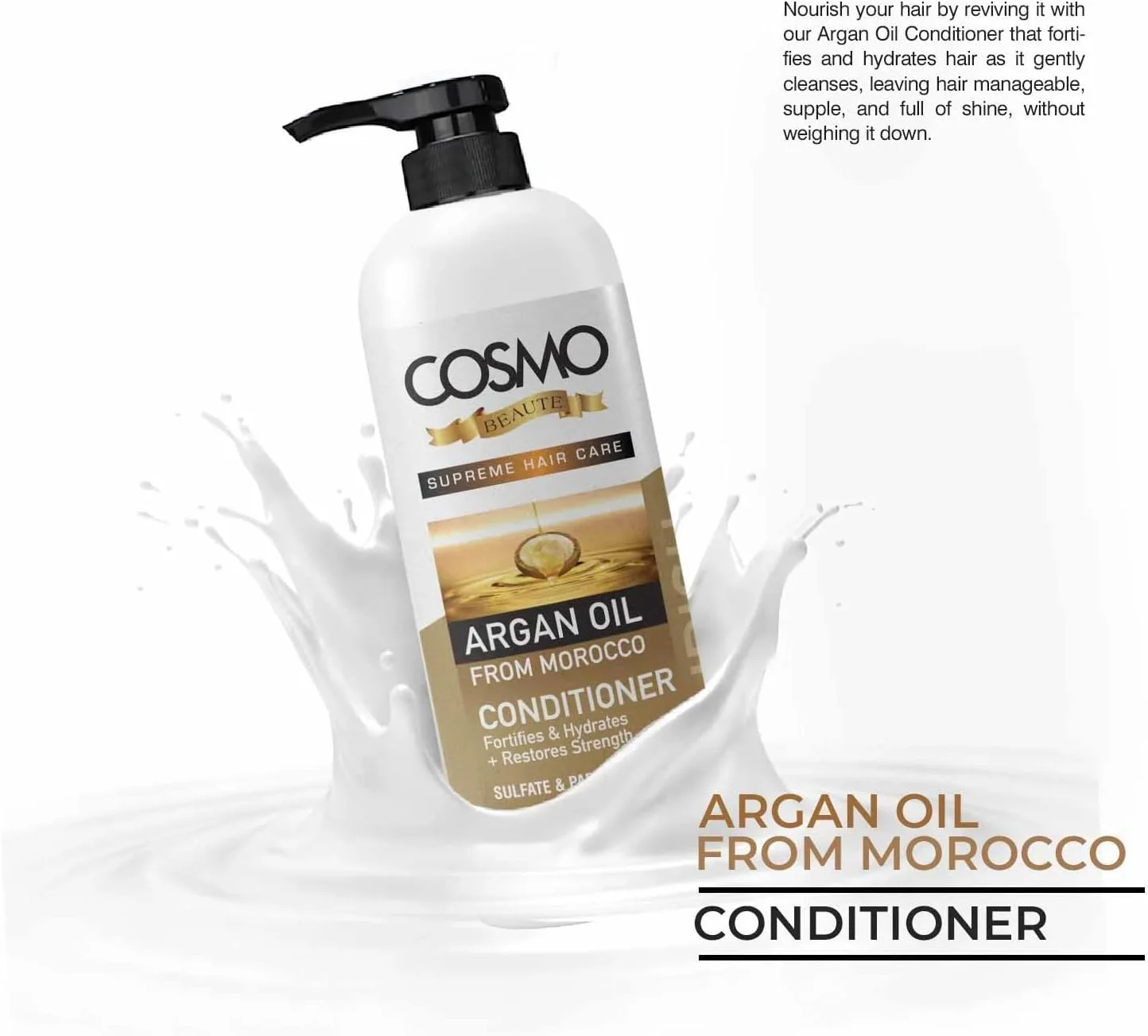 نرم کننده مو روغن آرگان سی دی COSMO DESIGNS Beaute حجم 1000 میلی لیتر، تقویت کننده و آبرسان، فاقد سولفات و پارابن، احیا کننده استحکام، مناسب برای آقایان و بانوان