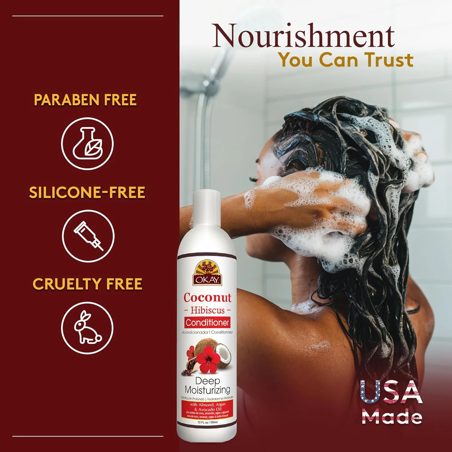 نرم کننده نارگیل و گل بامیه OKAY | مناسب برای انواع مو | ترمیم کننده - آبرسان - تقویت کننده | حاوی روغن بادام، آرگان و آووکادو | فاقد پارابن، سیلیکون، سولفات | 355 میلی لیتر نرم کننده نارگیل و گل بامیه OKAY | مناسب برای انواع مو | ترمیم کننده - آبرسان - تقویت کننده | حاوی روغن بادام، آرگان و آووکادو | فاقد پارابن، سیلیکون، سولفات | 355 میلی لیتر