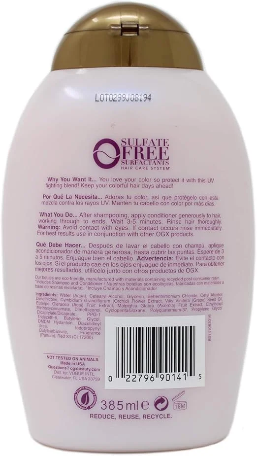 نرم کننده مو روغن ارکیده محافظ رنگ مو او جی ایکس با فیلترهای ضد آفتاب UVA/UVB، حجم 385 میلی لیتر نرم کننده مو روغن ارکیده محافظ رنگ مو او جی ایکس با فیلترهای ضد آفتاب UVA/UVB، حجم 385 میلی لیتر