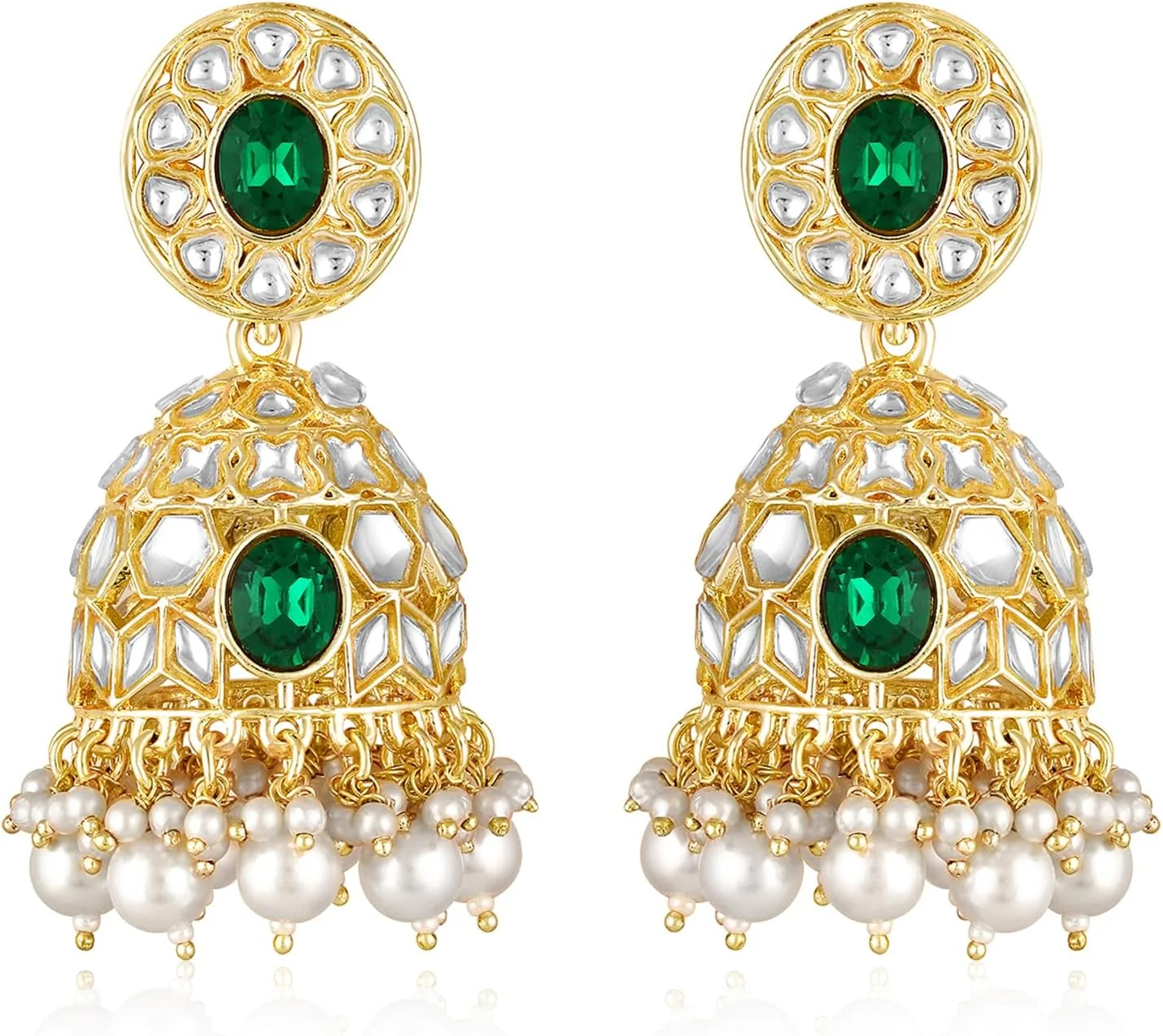 گوشواره های جومکی سبز رنگ نگین دار Aheli Kundan & Beads، جواهرات مد قومی برای زنان گوشواره های جومکی سبز رنگ نگین دار Aheli Kundan & Beads، جواهرات مد قومی برای زنان